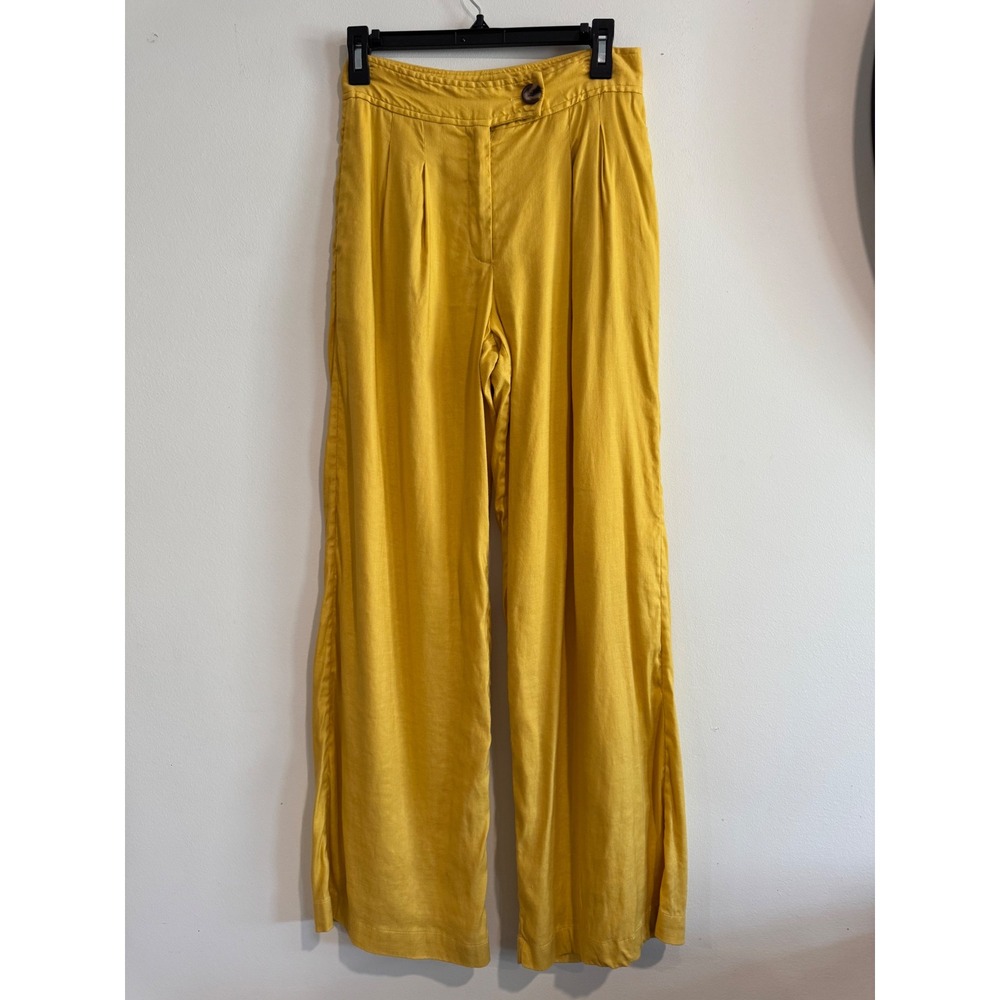 Elie Tahari Wide Leg Trousers Womens 4 Mustard pants Linen Blend Pleated luxury